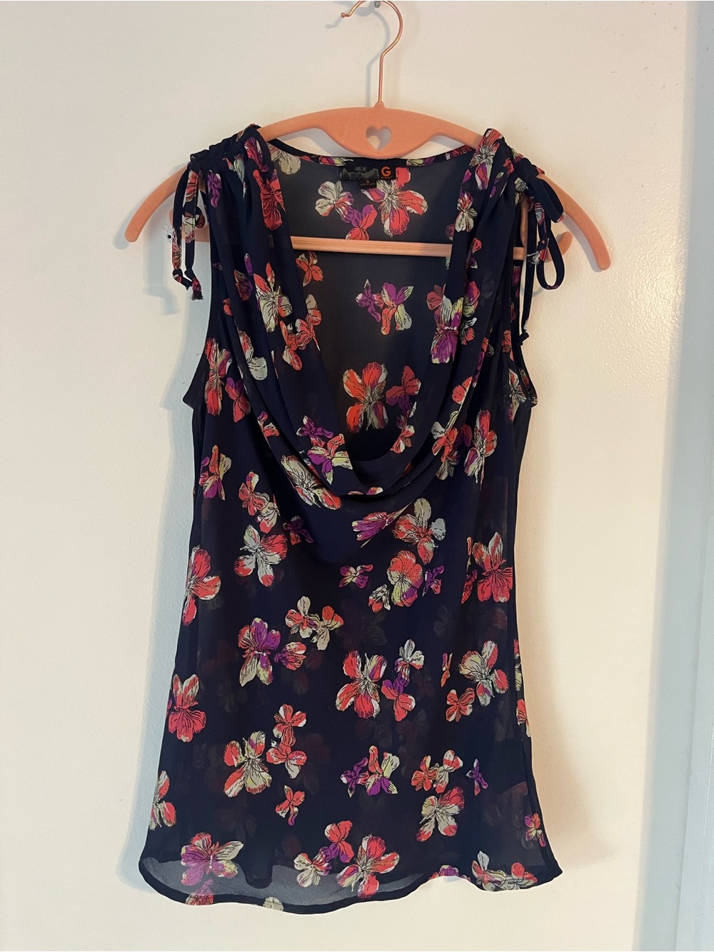G by Guess Whimsical Floral Cowl Neck Tie-Shoulder Camisole